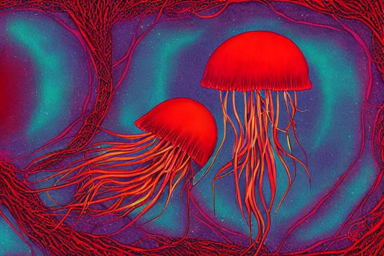 Image similar to digital art of a red jellyfish in the deep sea alone by alex grey, dark background, arcylic,