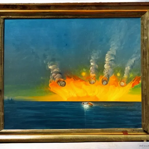 Image similar to a 1 8 th painting of a nuclear explosion in venice