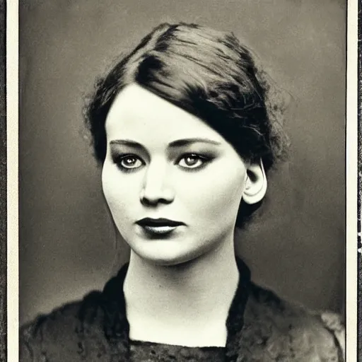 Image similar to victorian photograph of grace jennifer lawrence, lilly collins, 1 8 9 0 s photography, 1 9 0 0, realistic face, symmetrical face, studio photograph, grainy, edwardian, old photo