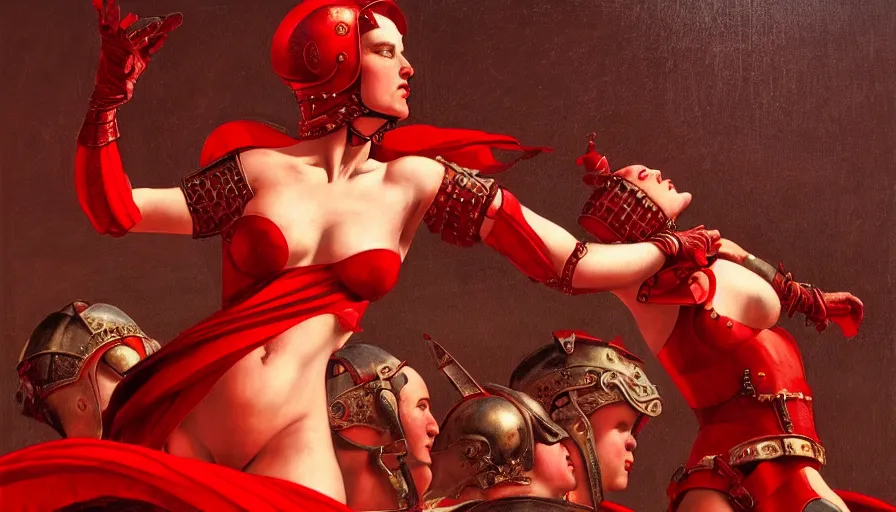 Image similar to only with red, an armored female gladiator in a crowded roman amphitheatre, crowd cheering, in the style of rolf armstrong and ambrosius benson and edward hopper and and rodcenko, intricate and epic composition, red by caravaggio, highly detailed, masterpiece, red light, artstation