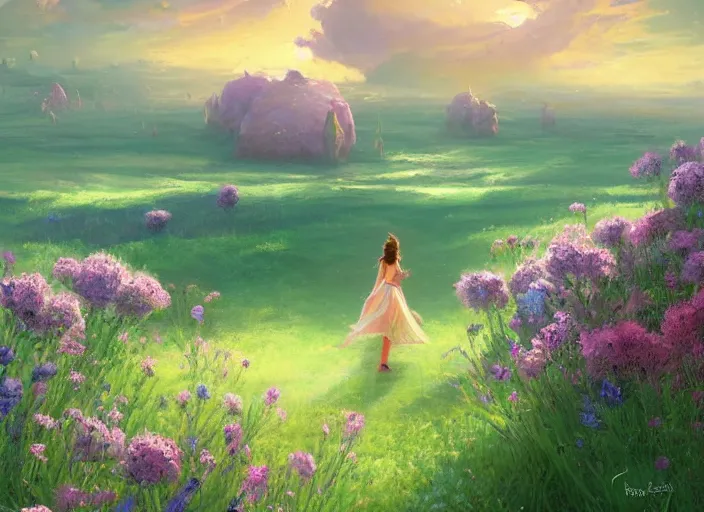 Prompt: a alone princess walks through a vast flower field in the cosmic sky by vladimir volegov and alexander averin and peder mørk mønsted and ross tran and raphael lacoste