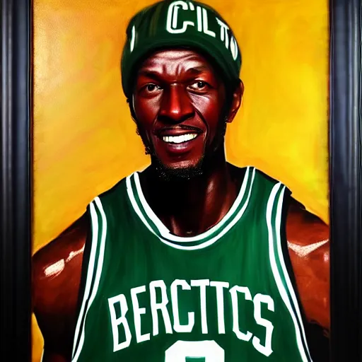 Image similar to portrait of mark wahlberg portraying boston celtics kevin garnett, oil on canvas by william sidney mont, trending on art station