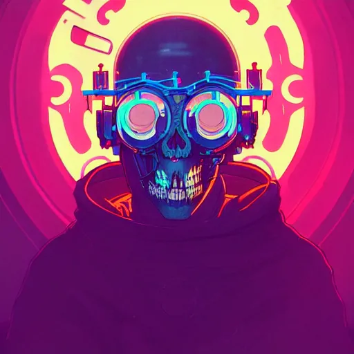 Prompt: a beautiful painting of a cyberpunk blindfolded skull by sachin teng and pascal blanche and alphonse mucha! and nekro! and josan gonzalez!. in style of conceptual art \. colorful comic, film noirs, akira, brush stroke, vibrating colors, hyper detailed. octane render. trending on artstation