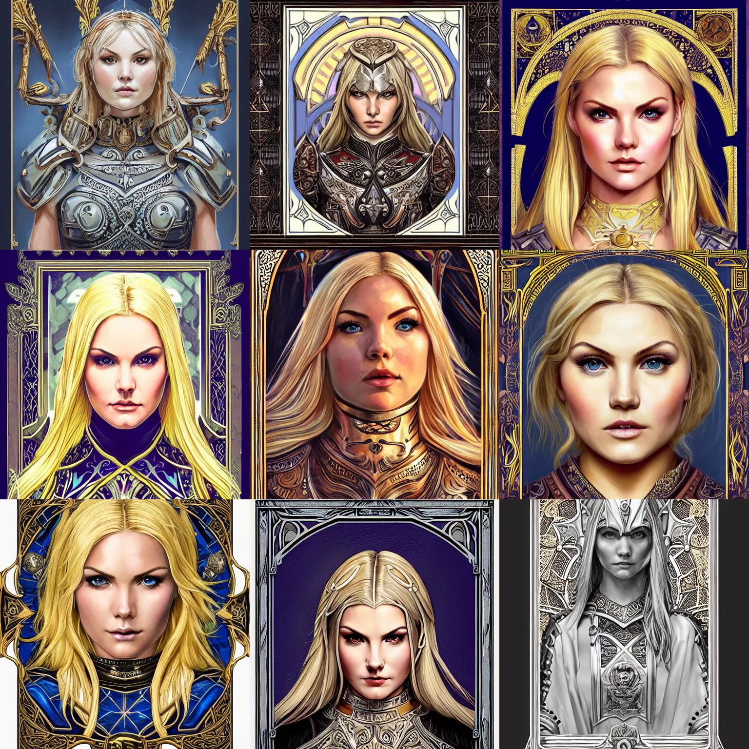 Prompt: head-on symmetrical centered painted portrait, Elisha Cuthbert as a paladin, blonde hair, ornate heavy plate armour, art nouveau, ornate square border, tarot card style, medieval robes, fantasy, intricate, elegant, highly detailed, smooth, sharp focus, illustration, artstation, in the style of Artgerm and Anna Podedworna and Alex Ross and Mucha