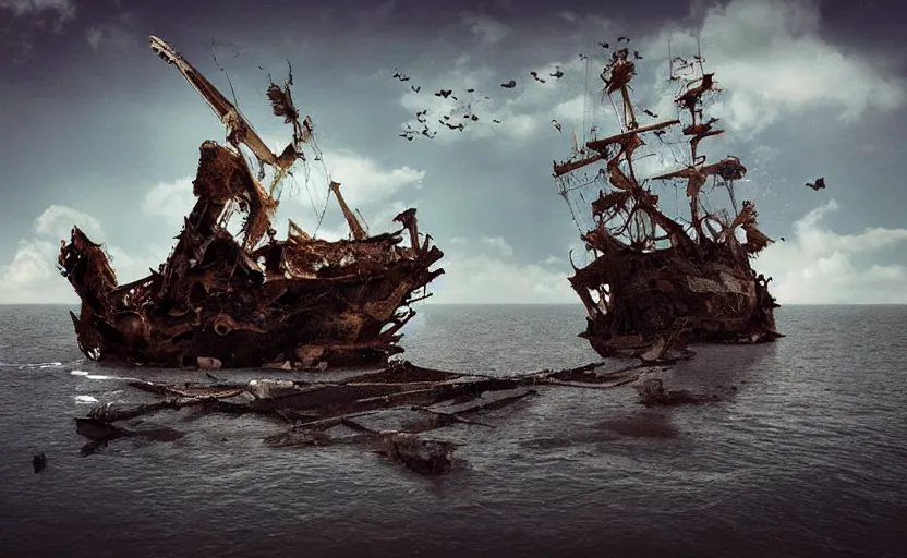 Image similar to “Pirate ship wreck falling off a Floating island from the sky, 4k, cinematic, award winning”