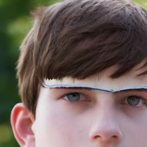 Prompt: Portrait of a teenage boy wearing an eyepatch. With natural brown hair, pale skin. Detailed face, blurred background.