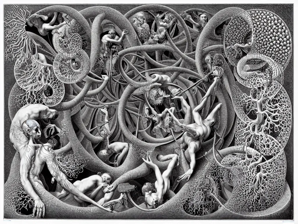 Image similar to platonic, neo surrealism, art by ernst haeckel and daniel martin diaz and mc escher