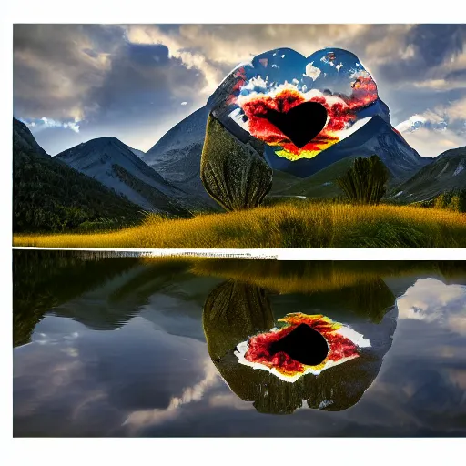 Image similar to photo of two black swans swimming in a beautiful reflective mountain lake, touching heads, forming a heart with their necks, a colorful hot air balloon is flying above the swans, hot air balloon, intricate, 8k highly professionally detailed, HDR, CGsociety