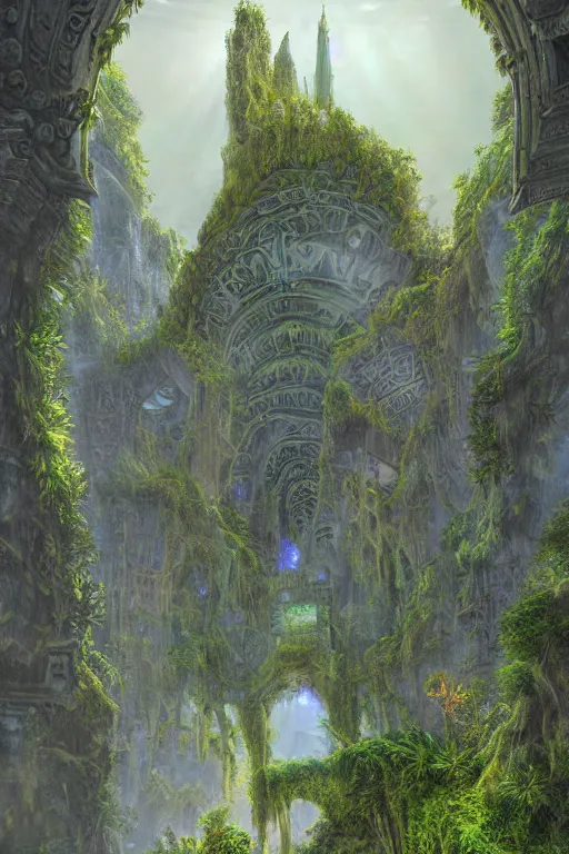 Prompt: ancient fractal temple megastructure in the hanging gardens of a radiant cathedral, overgrown garden,, scanned earth terrain bridges, erosion algorithm landscape, by albert bierdstat, by glenn small, high fantasy, high resolution, photorealism, populated by luminous beings, god rays in volumes of fog, looking up perspective