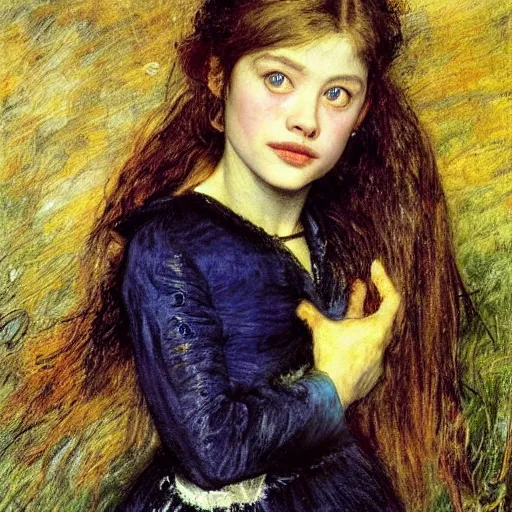 Prompt: a true-to-life portrait of Mackenzie Foy painted by John Everett Millais