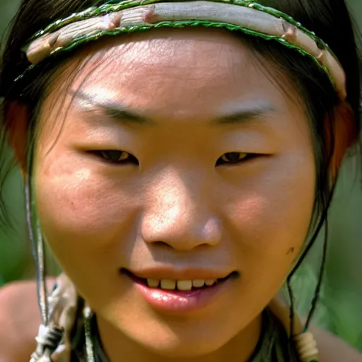 Prompt: a ultra high resolution close - up of asian woman from tai tribe in lush green forest. 1 8 years old. face likes the korean idols. photo from the front. cute and beautiful woman is smiling and has eye contact with the camera. face is clear and symetrical. the light is dim, and the colours are muted. kodak etkar 1 0 0.