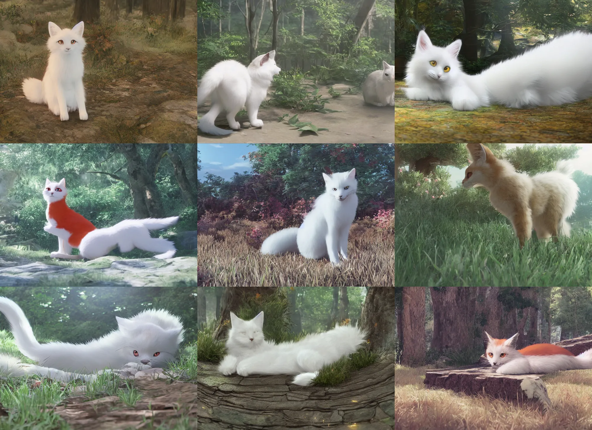 Prompt: white cat with fluffy red tail like fox tail lying at sunny forest, high detailed, hyper realistic, octane engine, high quality anime, makoto shinkai, ray tracing