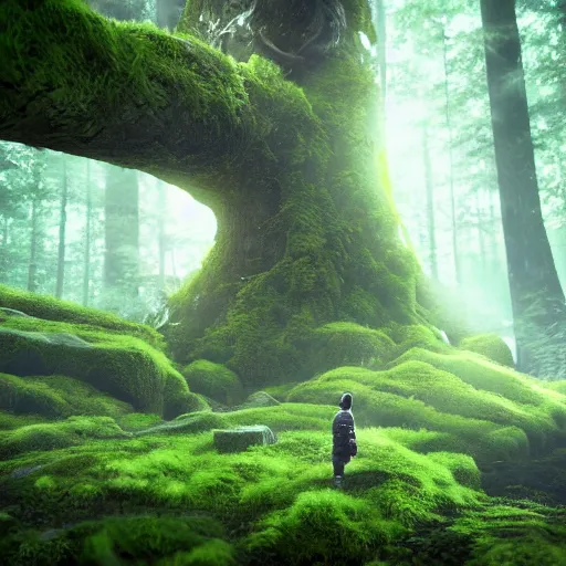 Prompt: a man finding a ancient mossy alien spaceship in a forest, anime style, octane render, hyperrealistic, unreal engine 5, fancy lighting, trending on Artstation, highly detailed, high quality, post processed, 8K HDR