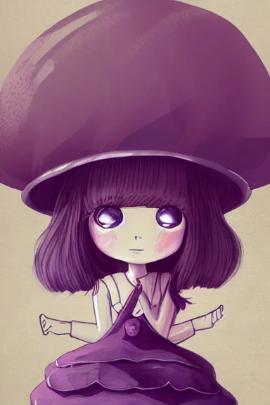 Prompt: a little girl wearing a mushroom hat in dress sitting | | purple curvy hair, pretty face, fine details, digial art by lois van baarle, anatomically correct, perfect composition, symmetrical, fantastic, clean details, anime character, extremely detailed