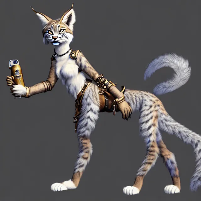 Image similar to the full body of anthropomorphic lynx fursona from behind wearing a steampunk suit as unimaginably beautiful, gorgeous, elegant, young woman with lynx head and paw pads, an ultrafine hyperdetailed illustration by furaffinity, intricate linework, white fur, unreal engine 5 highly rendered, global illumination, radiant light, detailed and intricate environment