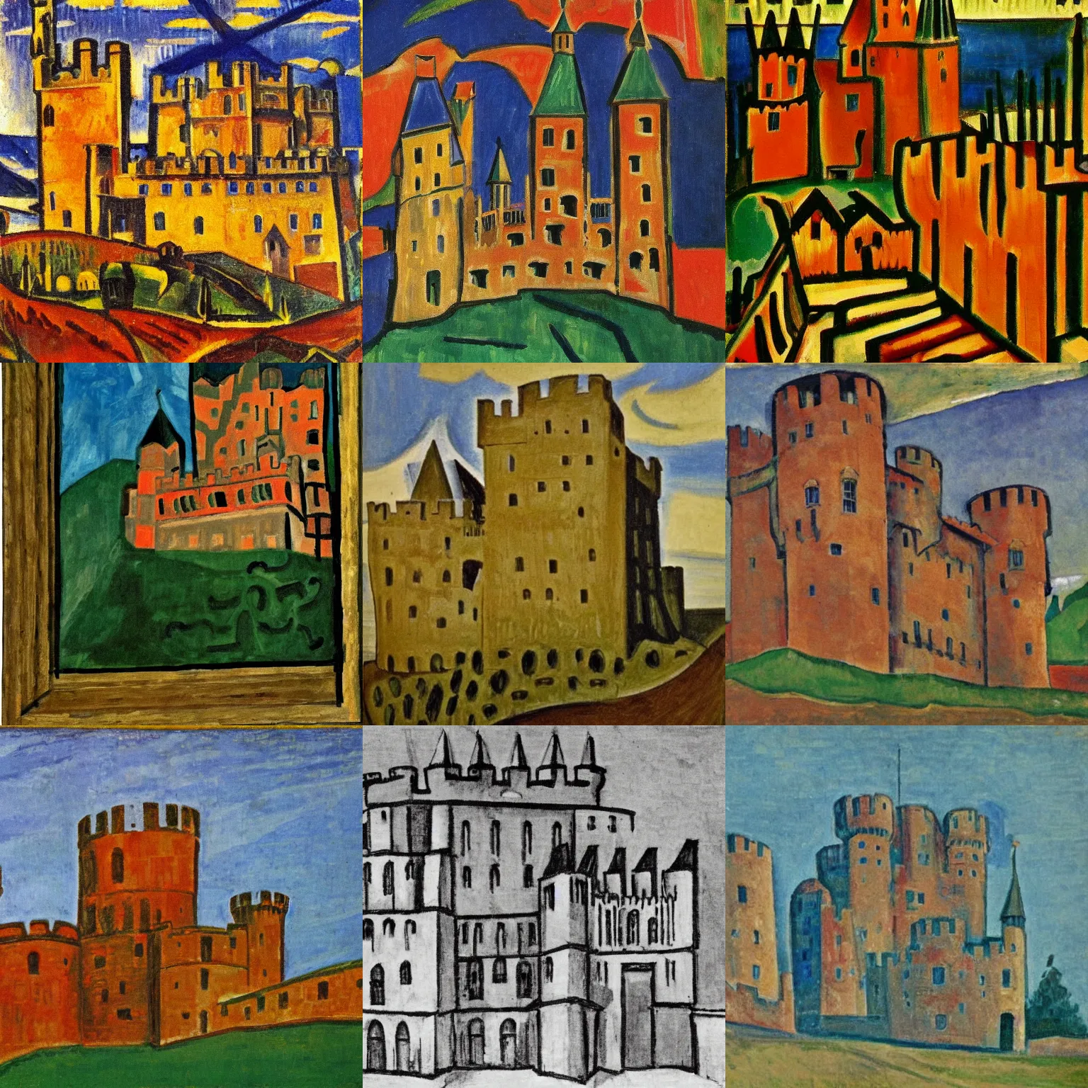 Prompt: medieval castle, by erich heckel
