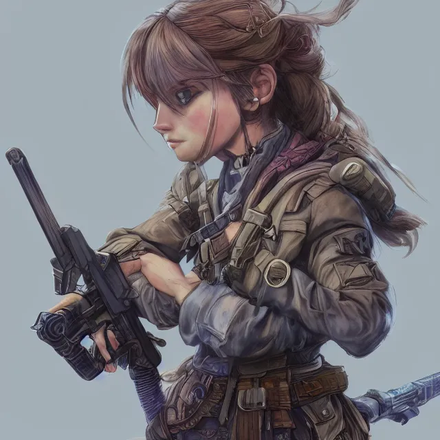 Prompt: the portrait of lawful neutral semi - colorful female infantry gunner as absurdly beautiful, gorgeous, elegant, young anime girl, an ultrafine hyperdetailed illustration by kim jung gi, irakli nadar, intricate linework, bright colors, octopath traveler, final fantasy, unreal engine 5 highly rendered, global illumination, radiant light, detailed and intricate environment