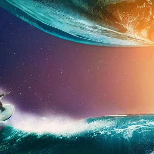 Prompt: photo of gray coat pit bull with white paws surfing a surfboard on a crashing l wave of alien ocean in space, background is an alien galaxy, aliens in the background, alien colors, octane render, unreal engine, wide view, 8 k, high detaild