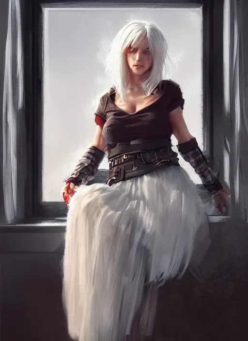 Image similar to white haired woman in a skirt sitting on a window, plaid skirt, cyberpunk, expressive oil painting, night, highly detailed, trending on artstation, by artgerm, by greg rutkowski, beautiful detailed face, vivid colors, detailed body