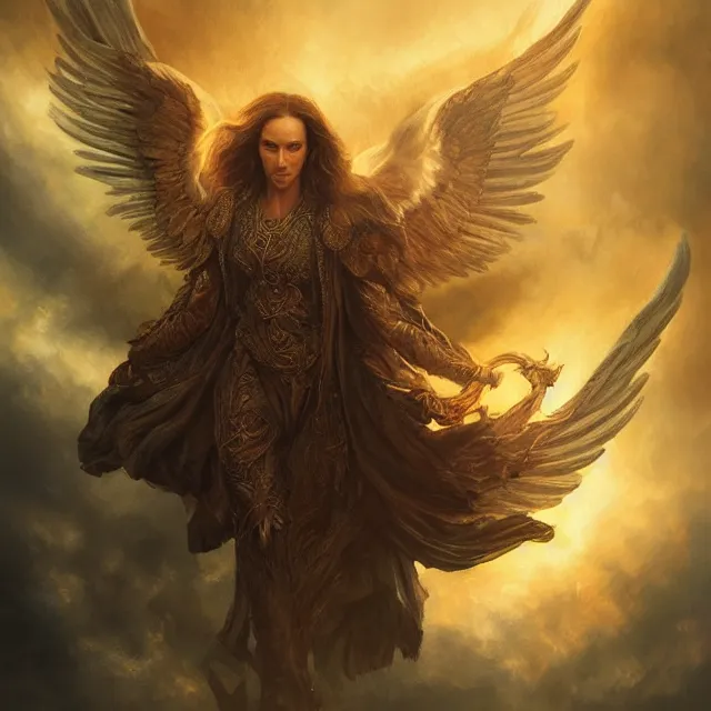 Image similar to majestic gracious archangel michael portrait, atmospheric lighting, painted, menacing, intricate, volumetric lighting, beautiful, rich deep colours masterpiece, golden hour, sharp focus, ultra detailed, by leesha hannigan, ross tran, thierry doizon, kai carpenter, ignacio fernandez rios