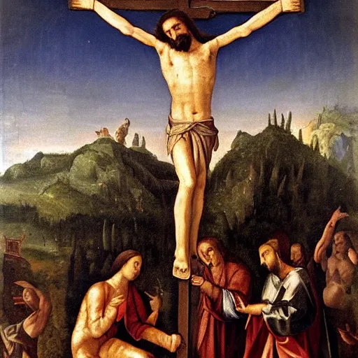Image similar to Crucified Viktor Orban on the Golgota, renaissance oil painting,