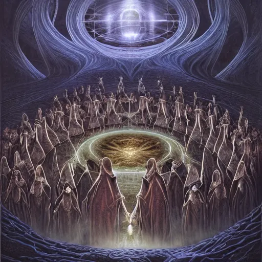 Image similar to a quantum computer surrounded by a dark cabal of multiple hooded elven mystics in long dark robes gathered in a circular formation, dan seagrave art, michael whelan