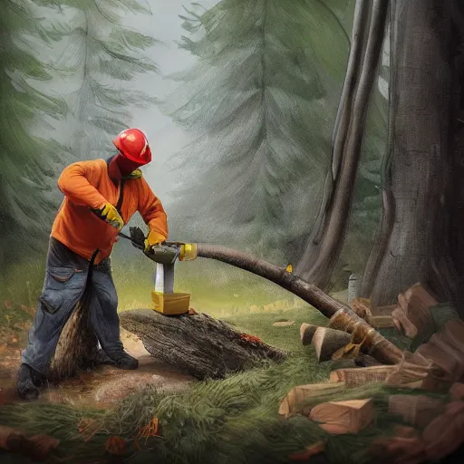 Prompt: an Austrian woodcutter cutting a tree that will fall and crush a car highly detailed, digital painting, artstation