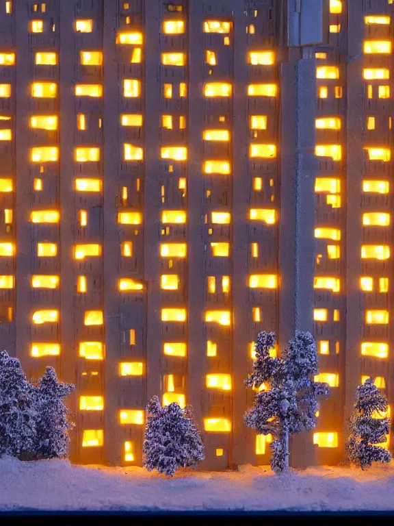 Image similar to mega detailed miniature diorama a soviet residential building, brutalism architecture, warm lights are on in the windows, man lies in the snow, dark night, fog, winter, blizzard, cozy and peaceful atmosphere, row of street lamps with warm orange light, several birches nearby