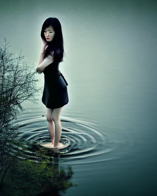 Prompt: wide angle closeup shot, flash long exposure photography of asian woman fashion posing in the lake, russian modern photoshoot, digital illustration by ruan jia, sharp focus, high details