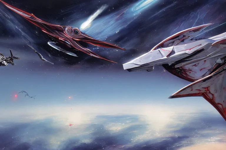 Prompt: gnostic space nebula by John Harris, framing a pteranodon mecha interceptor, small against the backdrop of space, white john berkey armor panels, wine-red and grey trim, robotech styling, with white Kanji markings outlined in black, boeing concept art painting, cinematic lighting, amazing lifelike cinematic photo render,