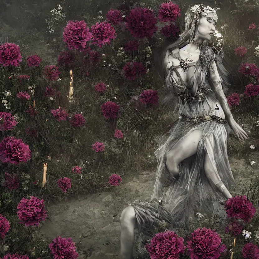 Prompt: tranquil oblivion of A Gothic goddess of floral jewels in an empty land, dark and mysterious, lively atmospheric, cinematic, Epic, 8k, 4k, ultra detail, ultra-realistic, rendered by devinart