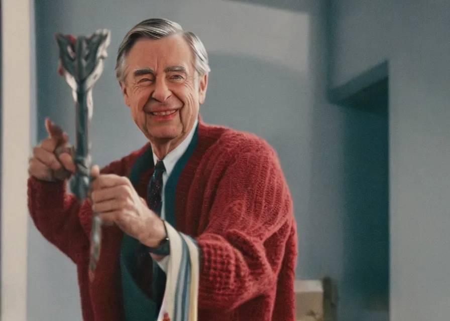 Prompt: mr rogers as thor in a marvel movie, close - up, cinematic, 4 0 mm f / 2. 8, anamorphic