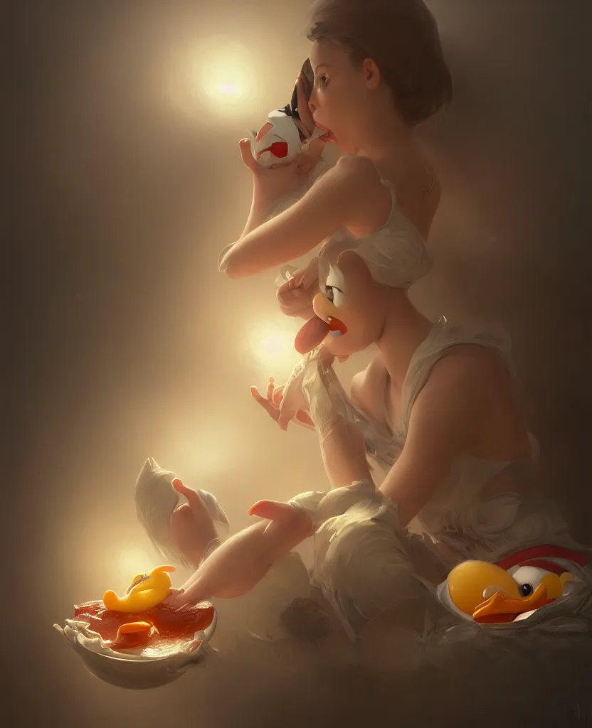 Image similar to realistic photography of a disgusted donald duck eating dirty eggs, deep focus, intricate, elegant, highly detailed, foggy, misterious, digital painting, artstation, concept art, matte, sharp focus, illustration, art by artgerm and greg rutkowski and alphonse mucha