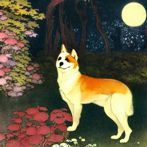 Prompt: a red akita inu in a moonlit palace garden, by warwick goble and kay nielsen