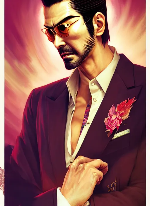 Image similar to highly detailed portrait of yakuza 0's goro majima, stephen bliss, unreal engine, greg rutkowski, loish, rhads, beeple, makoto shinkai and lois van baarle, ilya kuvshinov, rossdraws, tom bagshaw, tom whalen, alphonse mucha, global illumination, god rays, detailed and intricate environment