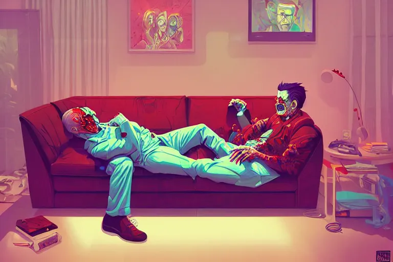 Image similar to a zombie dad sitting on the couch and watching tv, tristan eaton, victo ngai, artgerm, rhads, ross draws