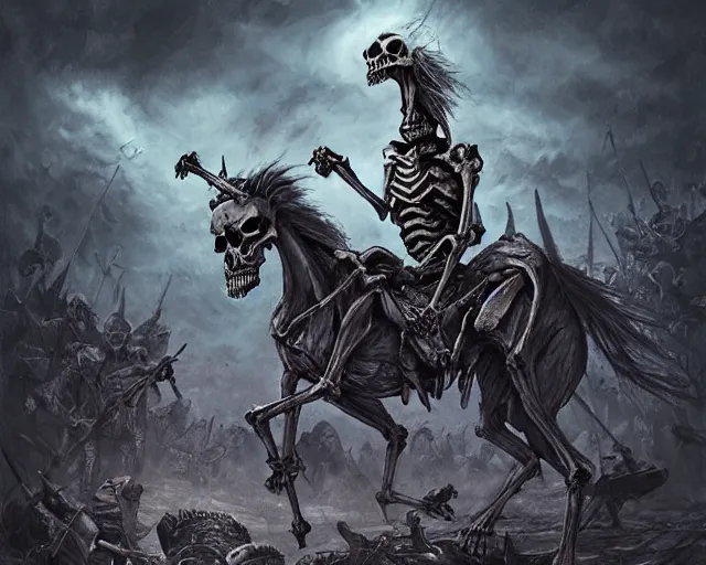 Prompt: evil skeleton riding evil skeleton horse in tatters in front of an army of evil skeleton soldiers against a dark and stormy night, illustration, by ( kieran yanner ) ( miranda meeks ) ( anna podedworna ) ( cristi balanescu ), digital art