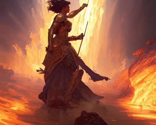 Image similar to battle of kings, fire and dust and golden armor, action, dramatic lighting, intricate, wild, highly detailed, digital painting, artstation, concept art, smooth, sharp focus, illustration, art by artgerm and greg rutkowski and alphonse mucha