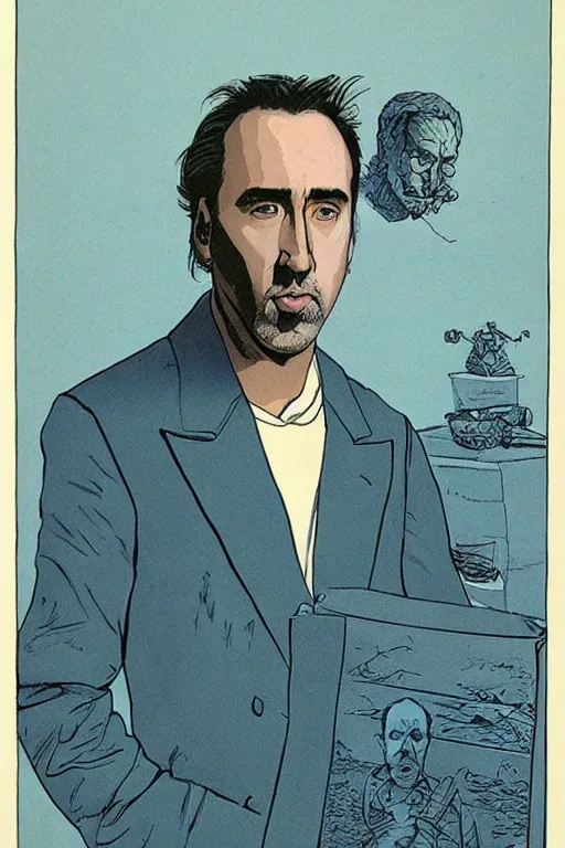 Prompt: Portrait of Nicholas Cage by Moebius