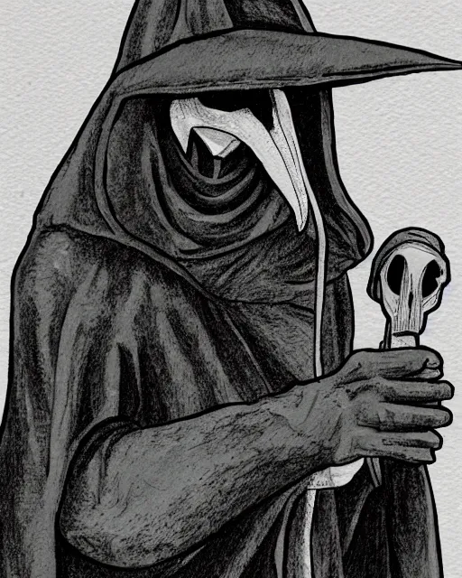 Image similar to a man in black hooded robes holding a plague doctor mask in hand, detailed art by greg rukowtski