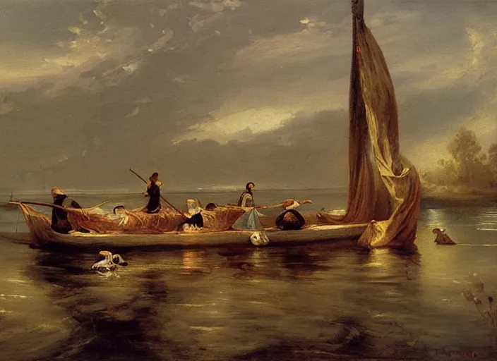 Image similar to a painting of the boat of charon in the river styx by felix resurreccion hidalgo