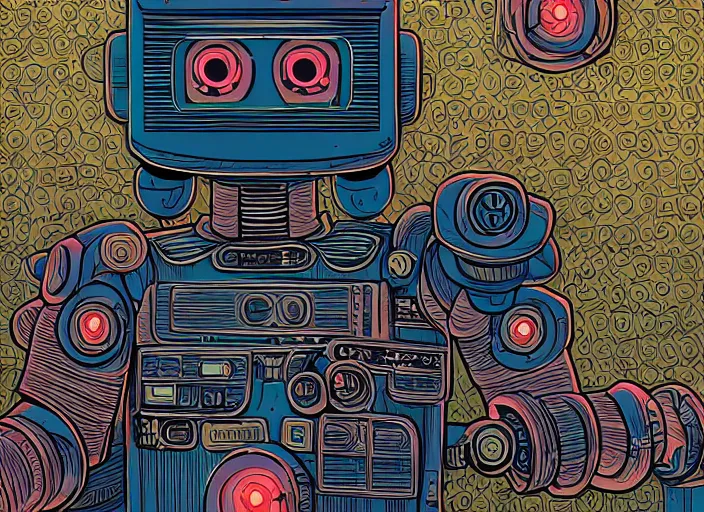 Prompt: A detailed illustration of a robot by Dan Mumford, beautifully illustrated