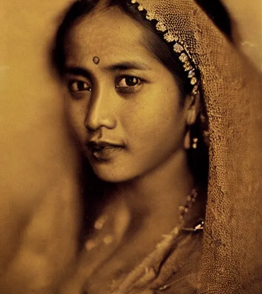 Prompt: vintage_closeup portrait_photo_of_a_stunningly beautiful_nepalese_woman with amazing shiny eyes, 19th century, hyper detailed by Annie Leibovitz