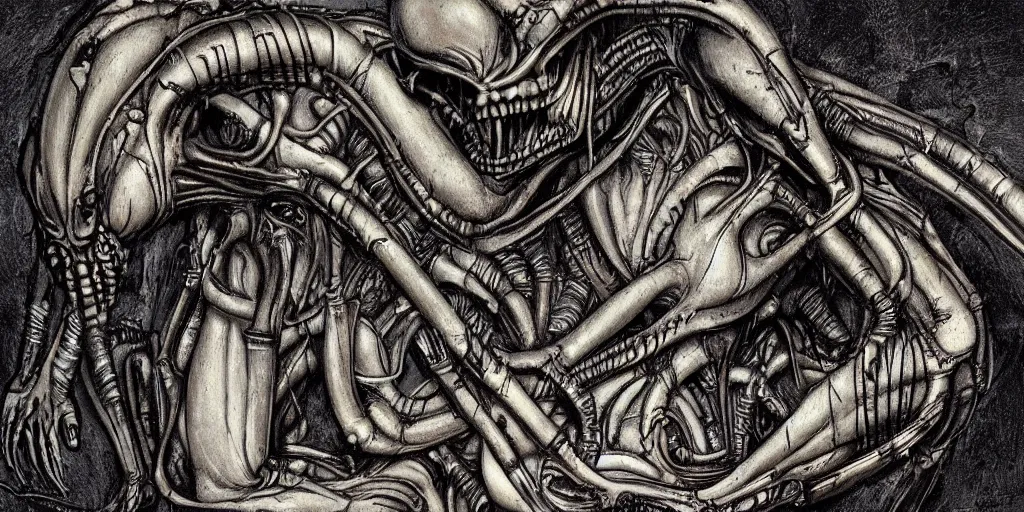 Prompt: alien xenomorph in the style of HR Giger, cave painting, movie scene