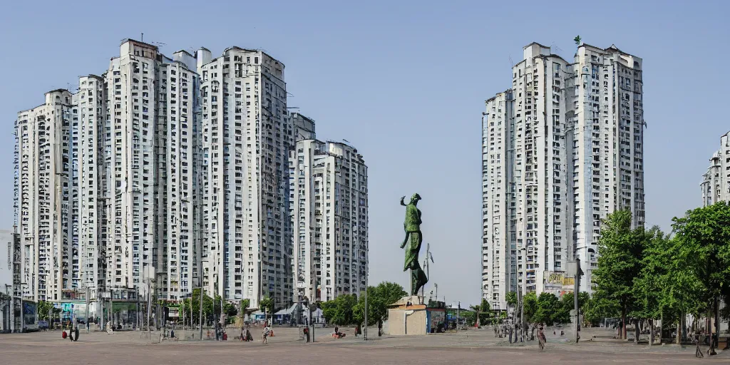 Image similar to photo of a low income highrise geometric Russian city, apartments, train station, avenues. Square with a statue of leader