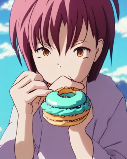 Image similar to a pig eating a pink frosted donut, full shot, visible face, ambient lighting, detailed, very modern anime style, art by hayao miyazaki, makoto shinkai