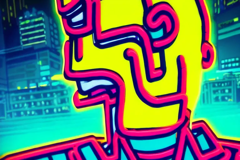 Image similar to pop art of a giant cyberpunk god walking in a city, bright neon colors, intricate details, complementary colors, detailed face, backlighting, octane render, depth of field, extremely detailed, trending in artstation, focus on face, sharp focus, radiant light, beautiful composition, drawn by roy lichtenstein, keith haring, romero britto