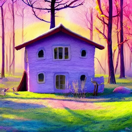 Image similar to a watercolor art in shape of wool felting small wooden house in the middle of spring forest, bright colours, children illustration, 4 k, matte painting, by rhads