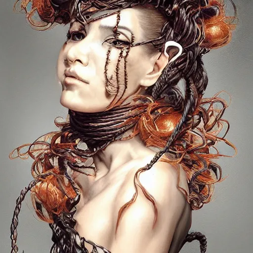 Image similar to portrait of a Shibari rope wrapped face and neck, headshot, insanely nice professional hair style, dramatic hair color, digital painting, of a old 17th century, old cyborg merchant, amber jewels, baroque, ornate clothing, scifi, realistic, hyperdetailed, chiaroscuro, concept art, art by Franz Hals and Jon Foster and Ayami Kojima and Amano and Karol Bak,