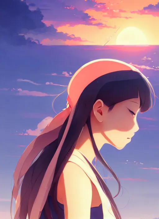 Prompt: side portrait of cute girl, sunset sky in background, beach landscape, illustration concept art anime key visual trending pixiv fanbox by wlop and greg rutkowski and makoto shinkai and studio ghibli and kyoto animation, futuristic wheelchair, symmetrical facial features, real face, future clothing, realistic anatomy, backlit